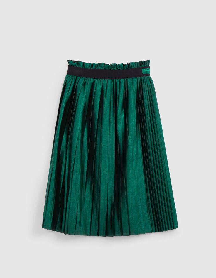 Girl's green satin pleated midi skirt-2