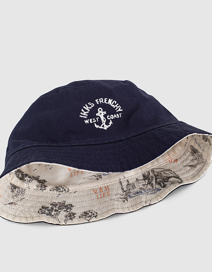 Boys’ printed ecru/navy reversible sun hat-5