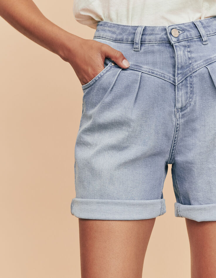 Blaue Bleached Damenjeansbermudas mit Steppnaht vorne-4