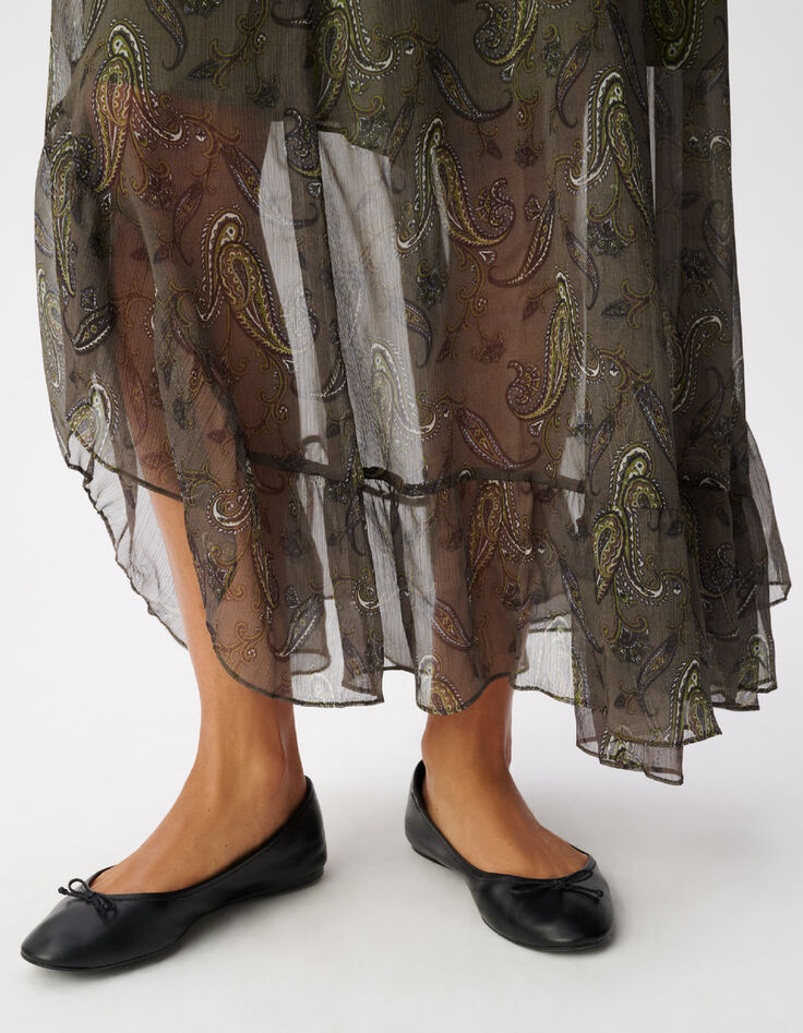 Jupe longue asym&eacute;trique kaki imprim&eacute; cachemire Femme-4