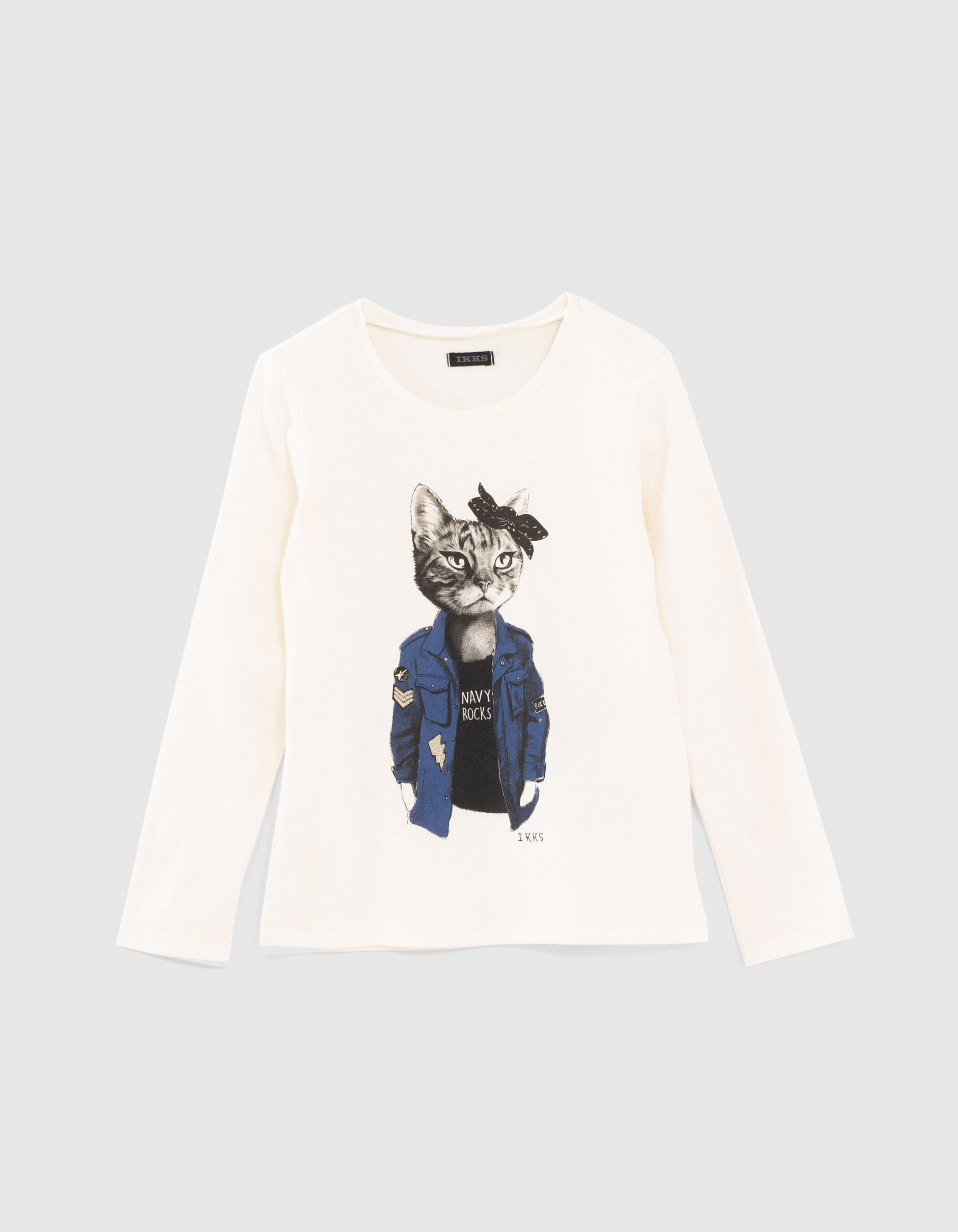 Girls ecru T shirt with cat officer image