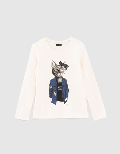 Girls’ ecru T-shirt with cat-officer image - IKKS