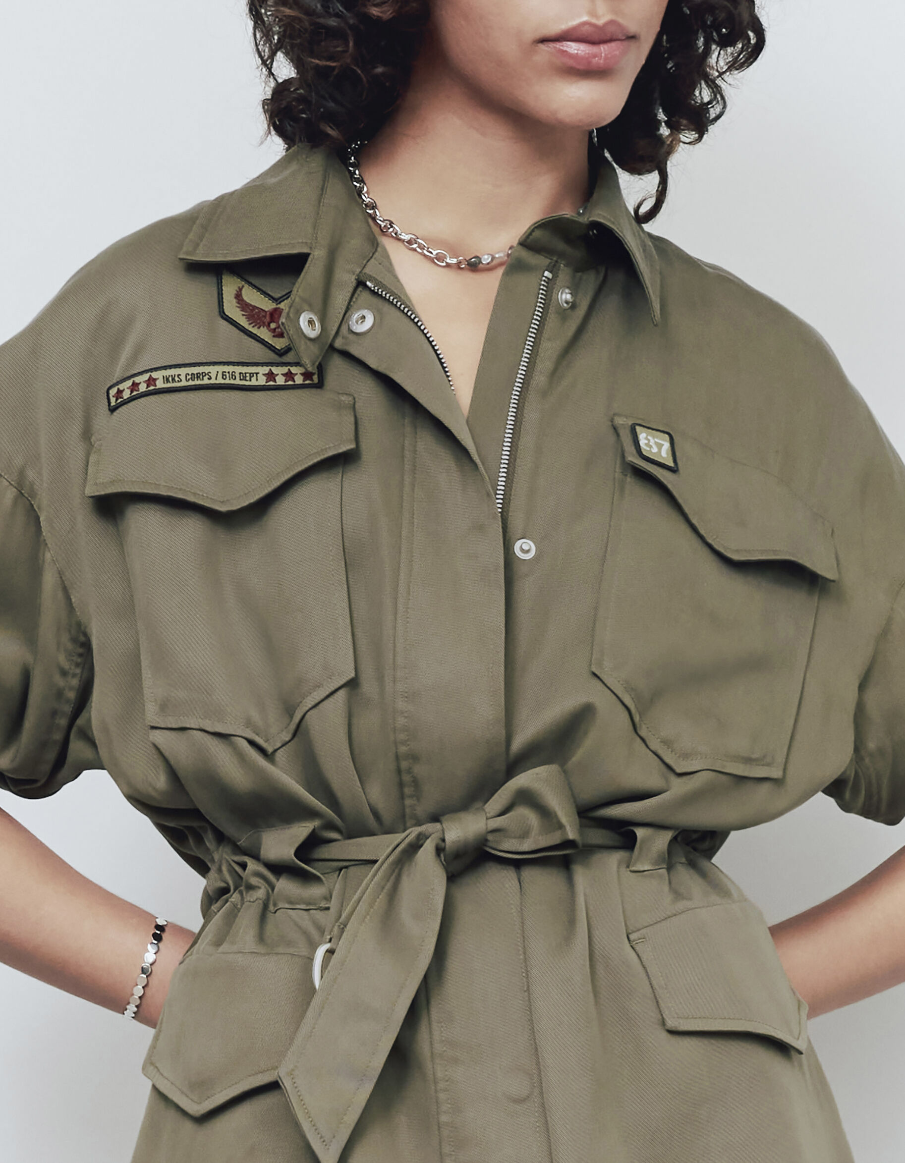 Women s khaki tencel safari jacket army badges and belt