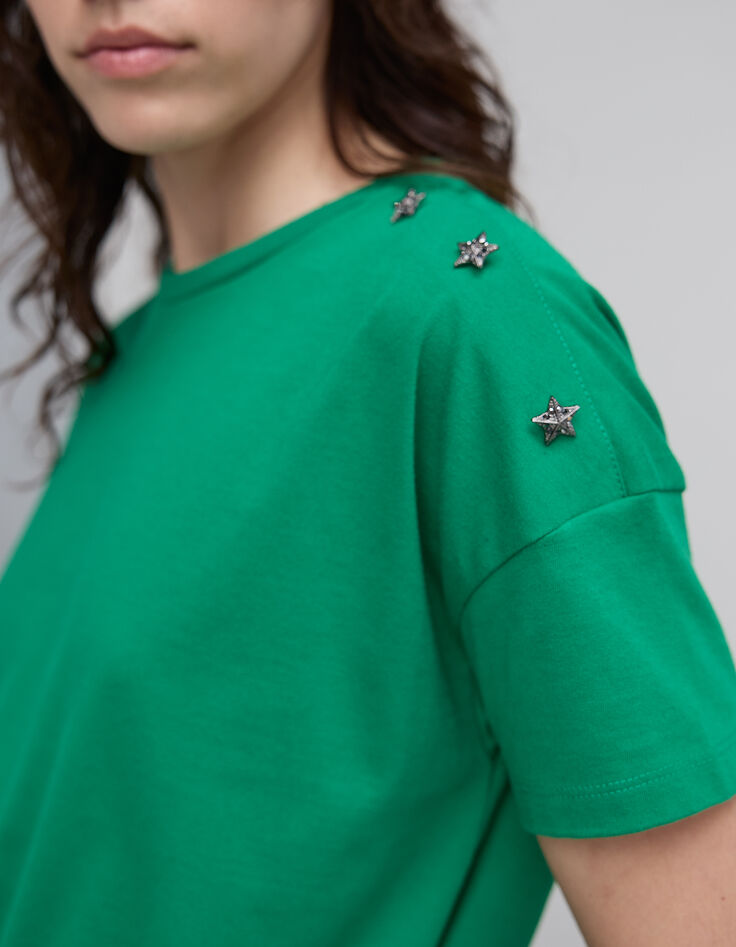 Women's green T-shirt with star design on shoulder and round collar-3