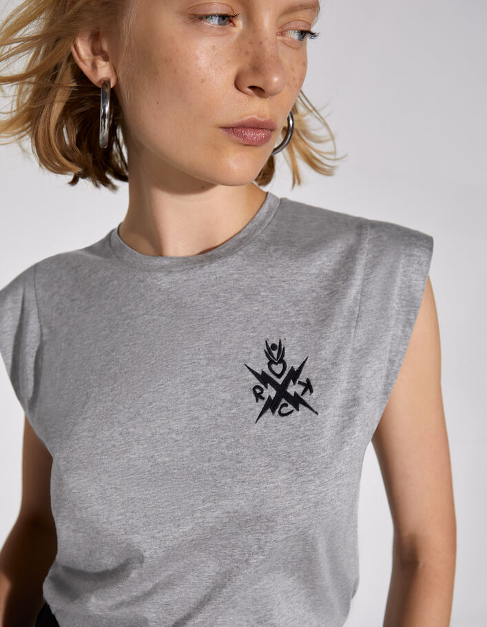 Tee-shirt gris coton et modal broderie poitrine rock femme - IKKS