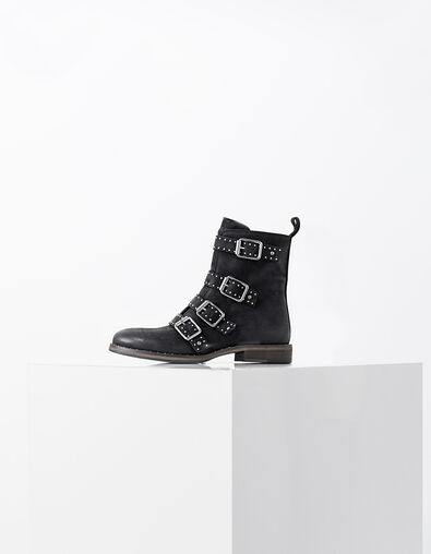 Women&rsquo;s black 4-buckle and studs leather combat boots - IKKS