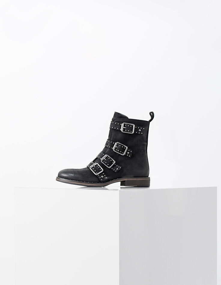 Women&rsquo;s black 4-buckle and studs leather combat boots-1