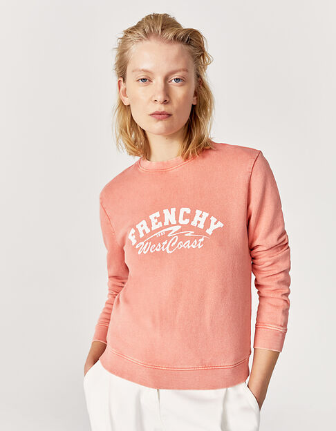 Pfirsichrotes Damensweatshirt aus Baumwolle mit Schriftzug