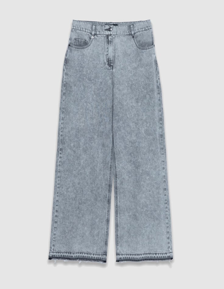 Edie Women's high-waisted grey wide-leg jeans with fringed bottoms-1