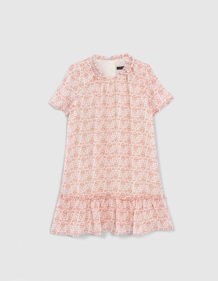 Girls’ ecru dress, flowery print with silver threads-1