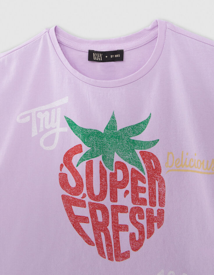 Lila Mädchen-T-Shirt mit Erdbeerprint und Schriftzug-2