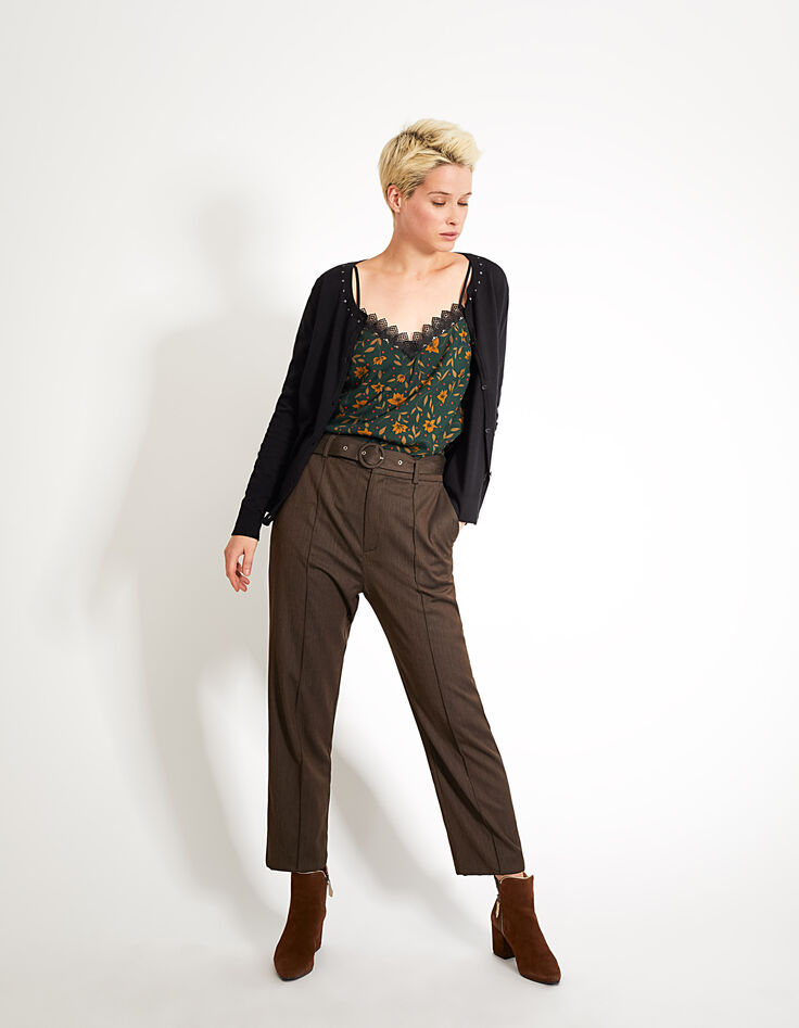 Pantalon cognac en tissu jacquard à taille haute I.Code-5