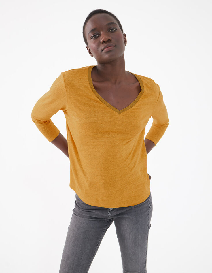Safrangelbes Damen-T-Shirt aus Viskose mit V-Ausschnitt-2