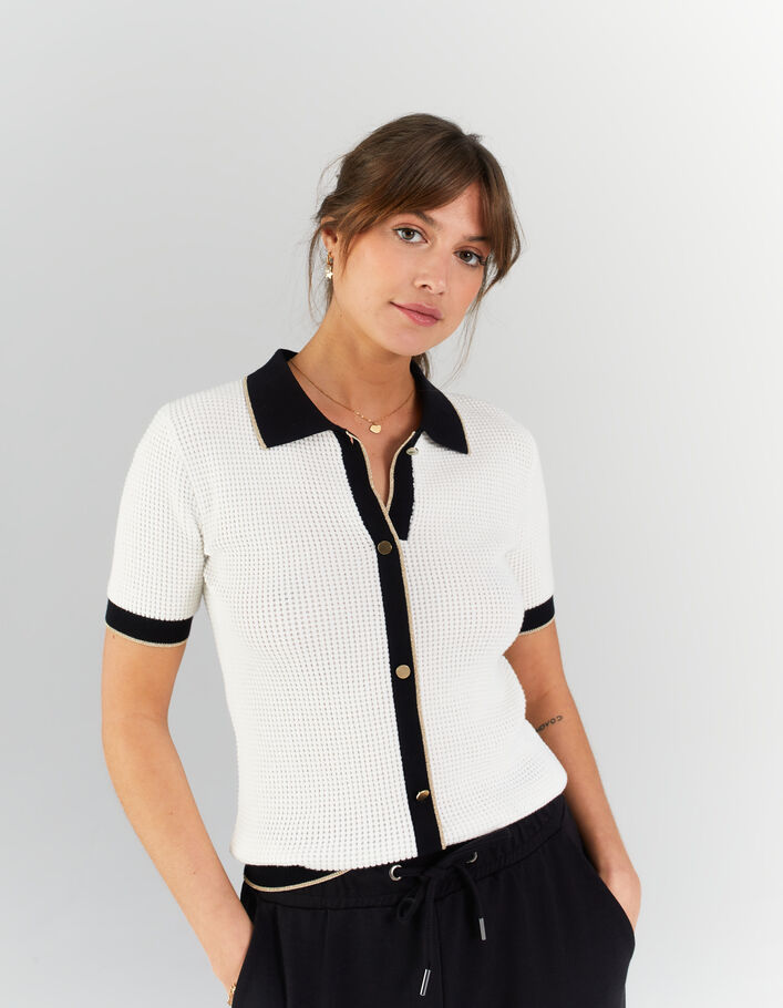 I.Code black & off-white knit sweater, polo shirt collar - IKKS