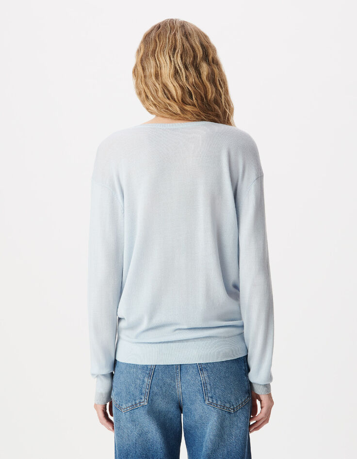 Pull encolure V bleu ciel 100% laine Femme-3