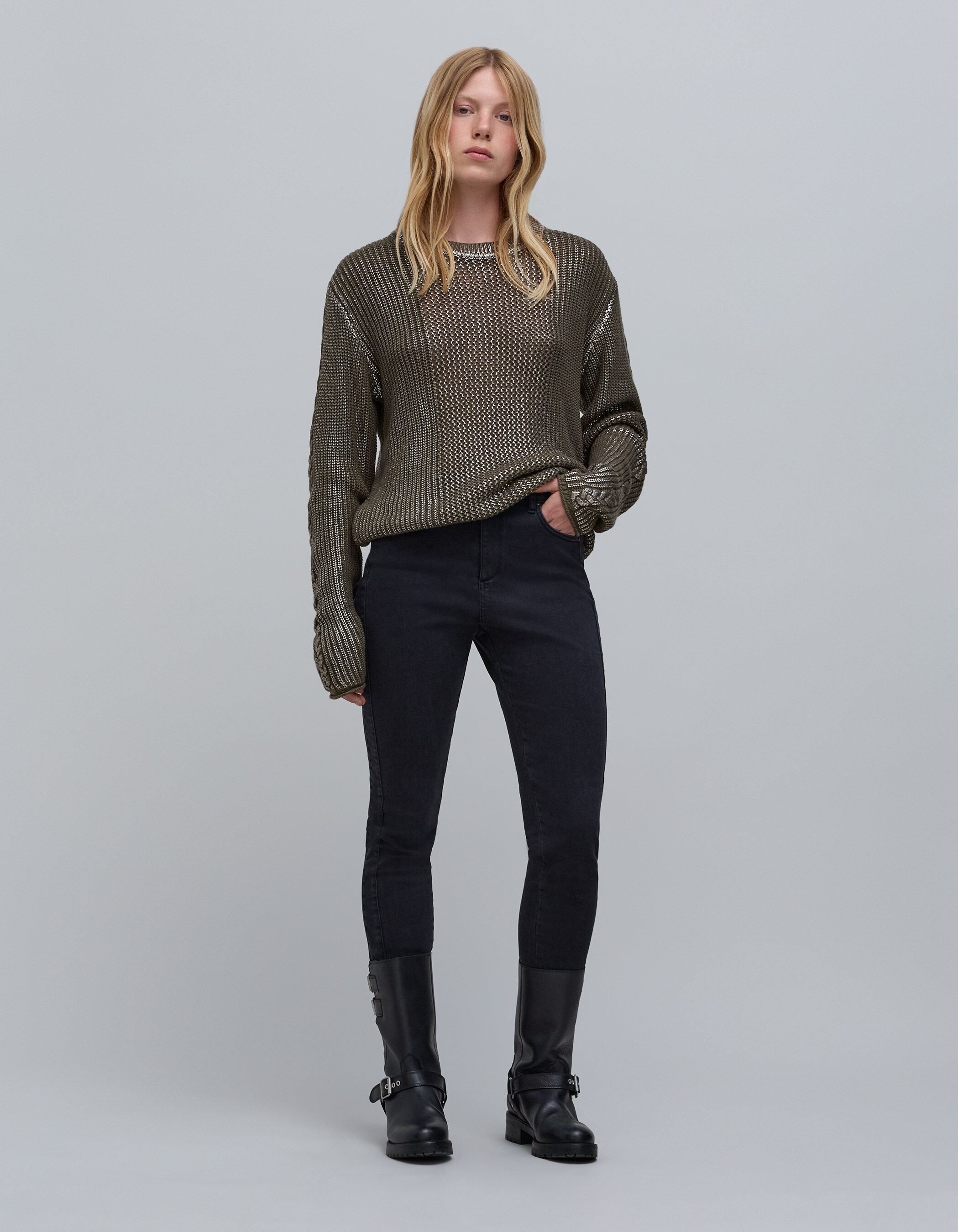 Pull kaki tricot ajoure enduit Femme IKKS
