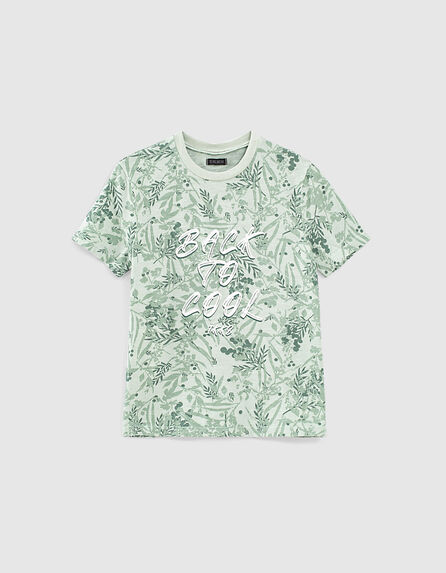 Jungen-T-Shirt mit Blätter-Print und Message, Bio, Aqua 