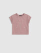 Rosa Mädchen-T-Shirt, Biobaumwolle, Spitze, Stick-3