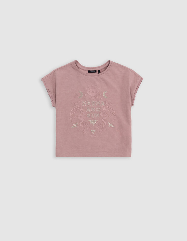 Rosa Mädchen-T-Shirt, Biobaumwolle, Spitze, Stick-3