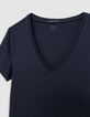 Camiseta de mujer azul marino con cuello en V y espalda bordada en espiga-5