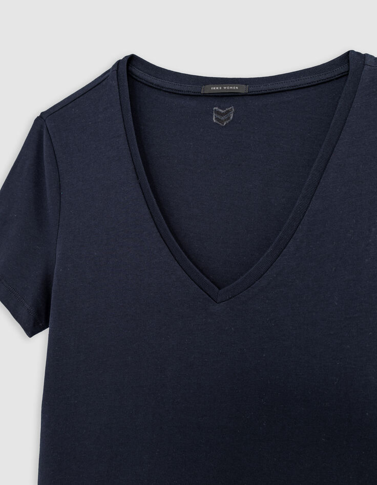 Camiseta de mujer azul marino con cuello en V y espalda bordada en espiga-5