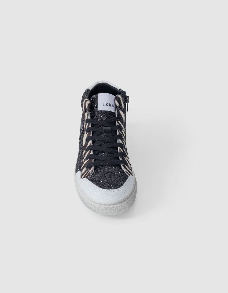 Baskets noires micro sequins et cuir motif zèbre Femme-6