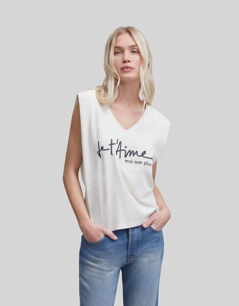 Women’s ecru organic cotton T-shirt, embroidered slogan - IKKS