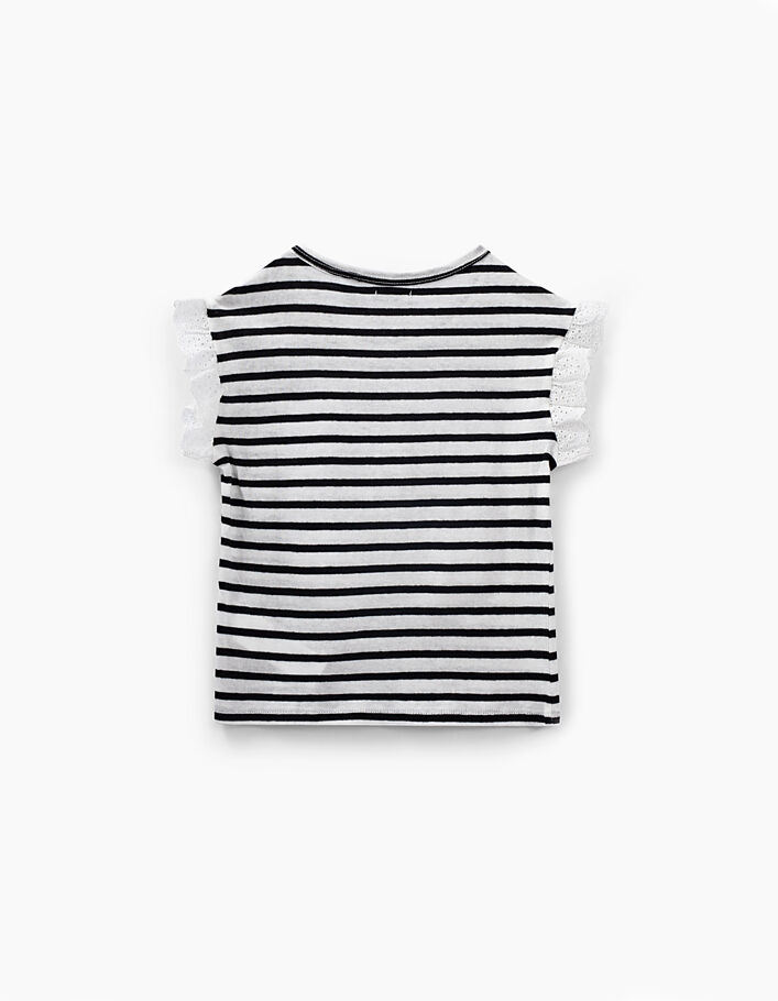 Girls' off-white T-shirt with black stripes and lace - IKKS