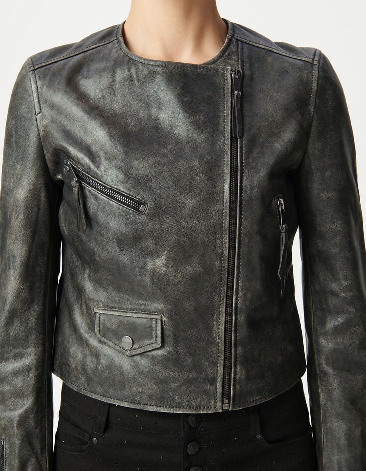 Schwarze Bikerjacke aus gewaschenem Leder mit Rei&szlig;verschlusstaschen Damen-4