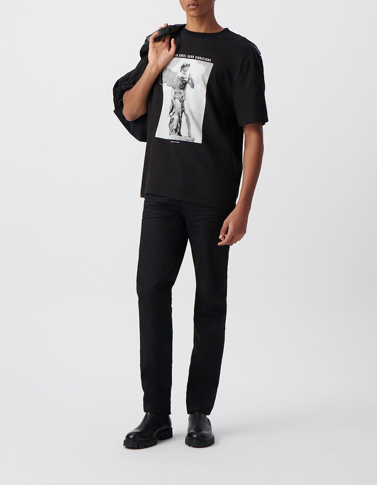 Schwarzes Herren- T-Shirt mit Statue und Stick-1