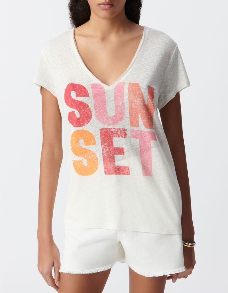 Tee-shirt col V blanc maxi message couleur Femme-2