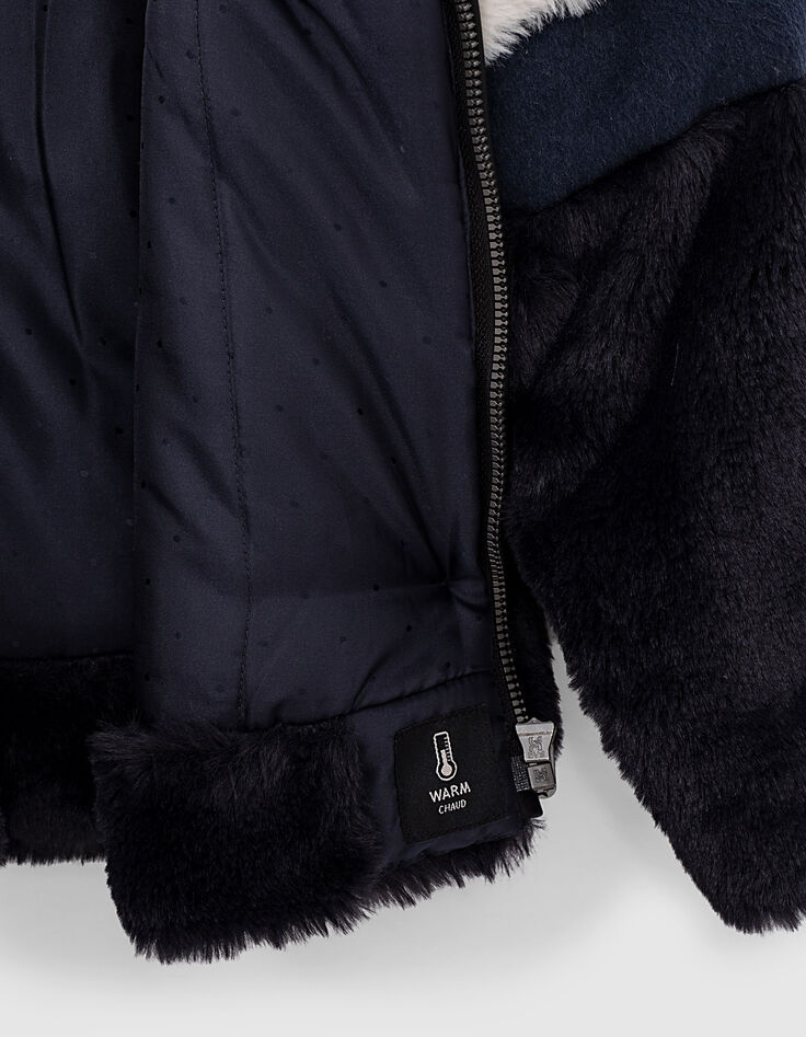 Girls’ dark navy colour block faux fur coat-6