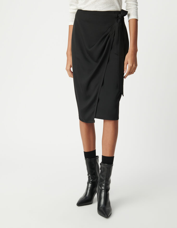 Jupe portefeuille midi noire noeud côté Femme-2