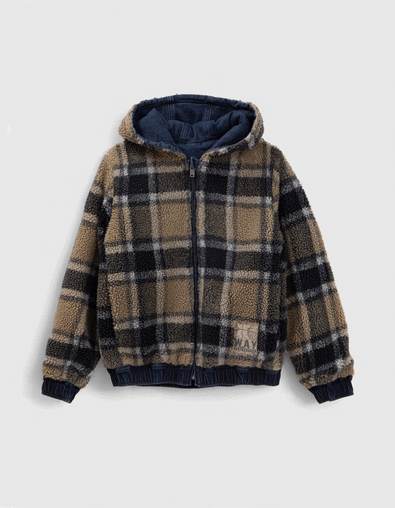 Boys’ blue denim/checked Sherpa reversible jacket - IKKS