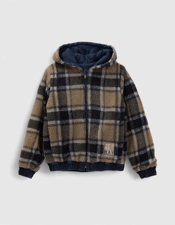 Blouson réversible jean et sherpa carreaux
