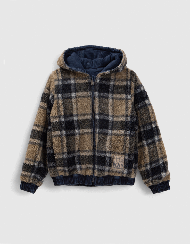 Blouson reversible jean bleu et Sherpa carreaux garcon