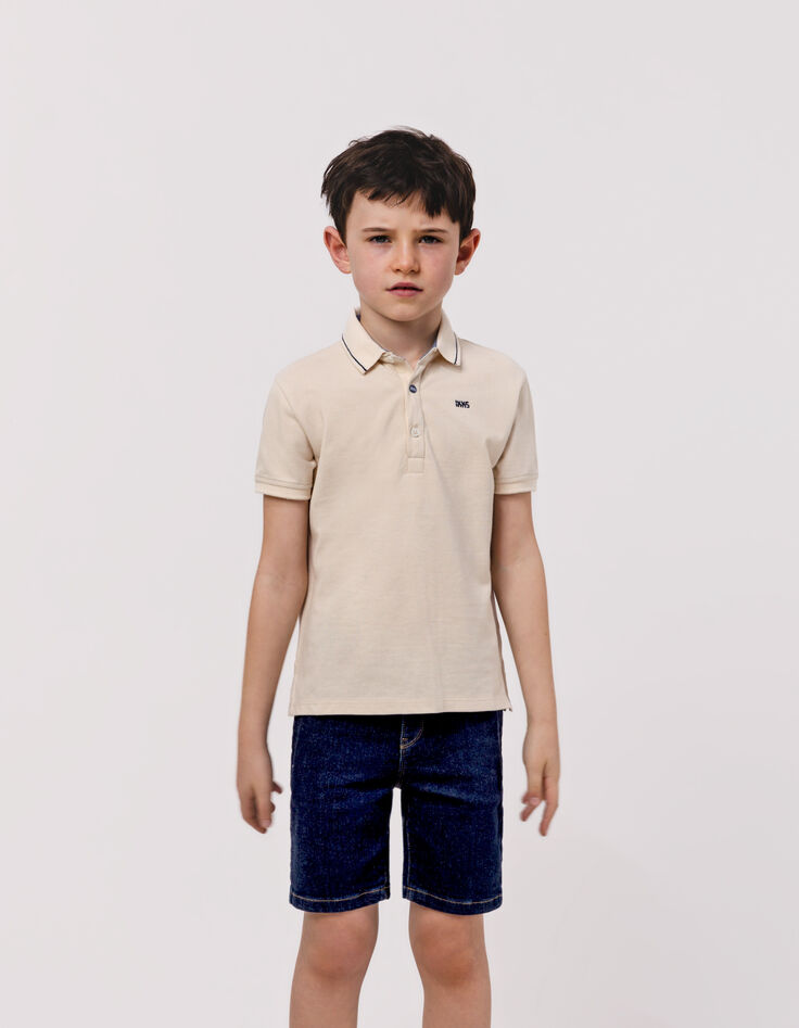 Boys’ beige organic cotton polo shirt with striped collar-1