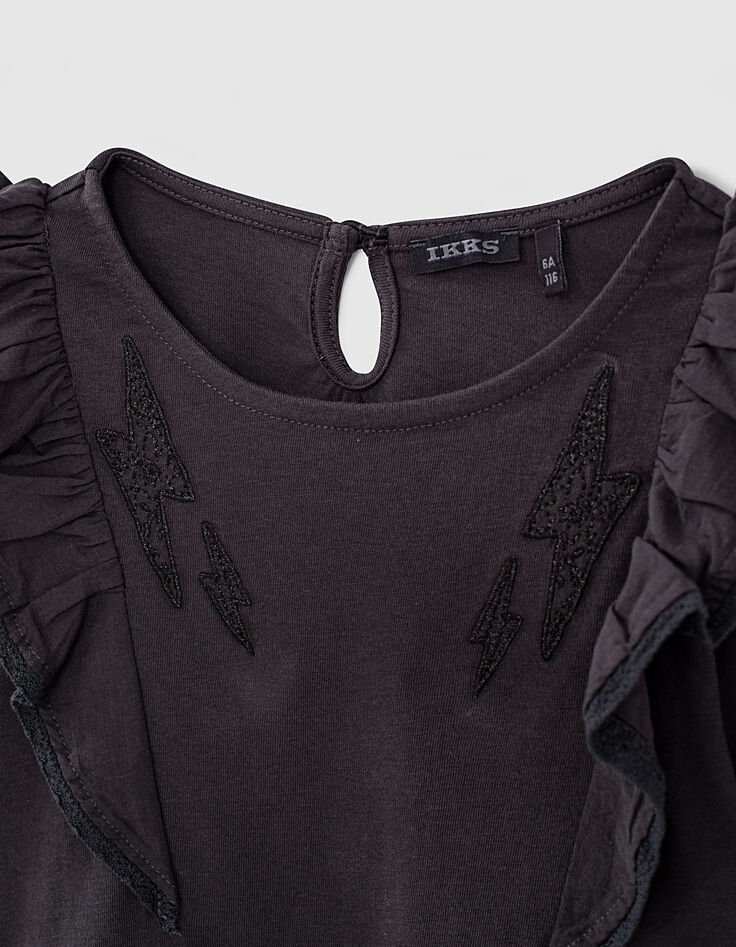 T-shirt noir bio à volants brodé éclairs fille-3