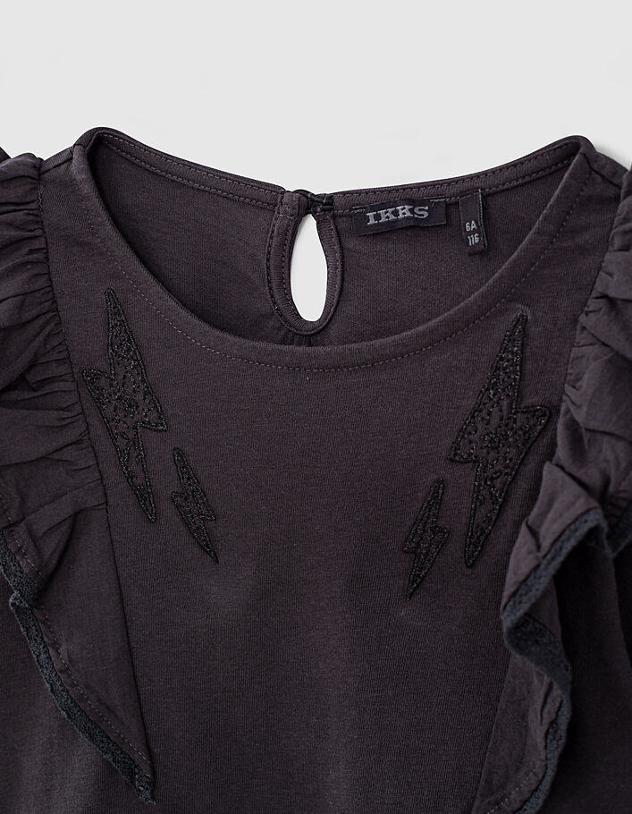Girls’ black organic T-shirt+lightning embroidered ruffles - IKKS