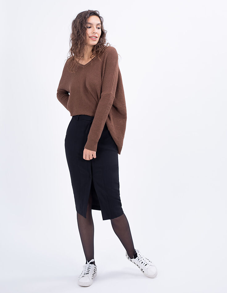 Cognacfarbener Rippenstrick-Pullover I.Code mit Schleife im Rücken-5
