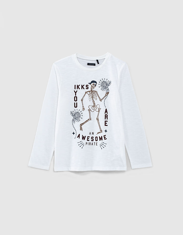 Camiseta blanca esqueleto-pirata rosas niño -1
