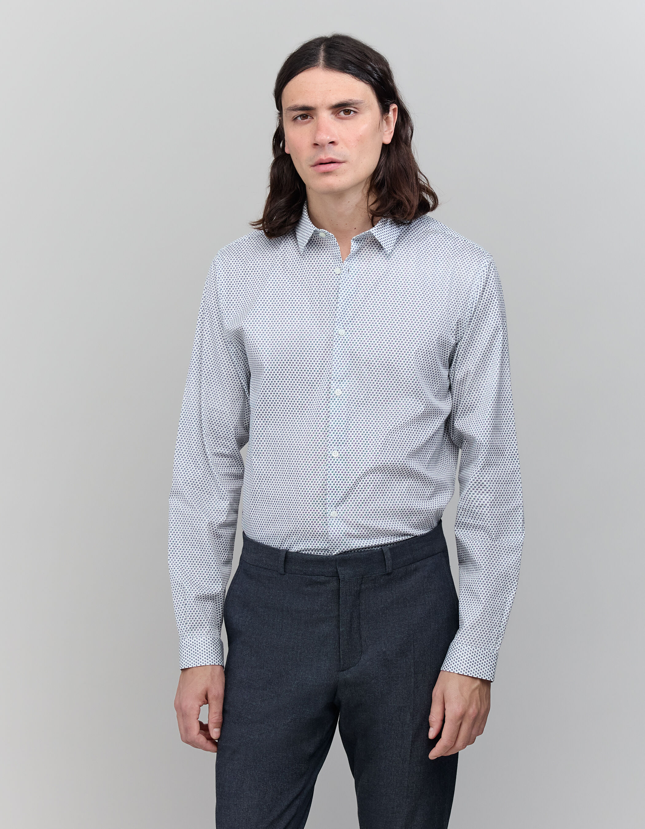 Chemise SLIM blanc casse imprime pois marine Homme IKKS