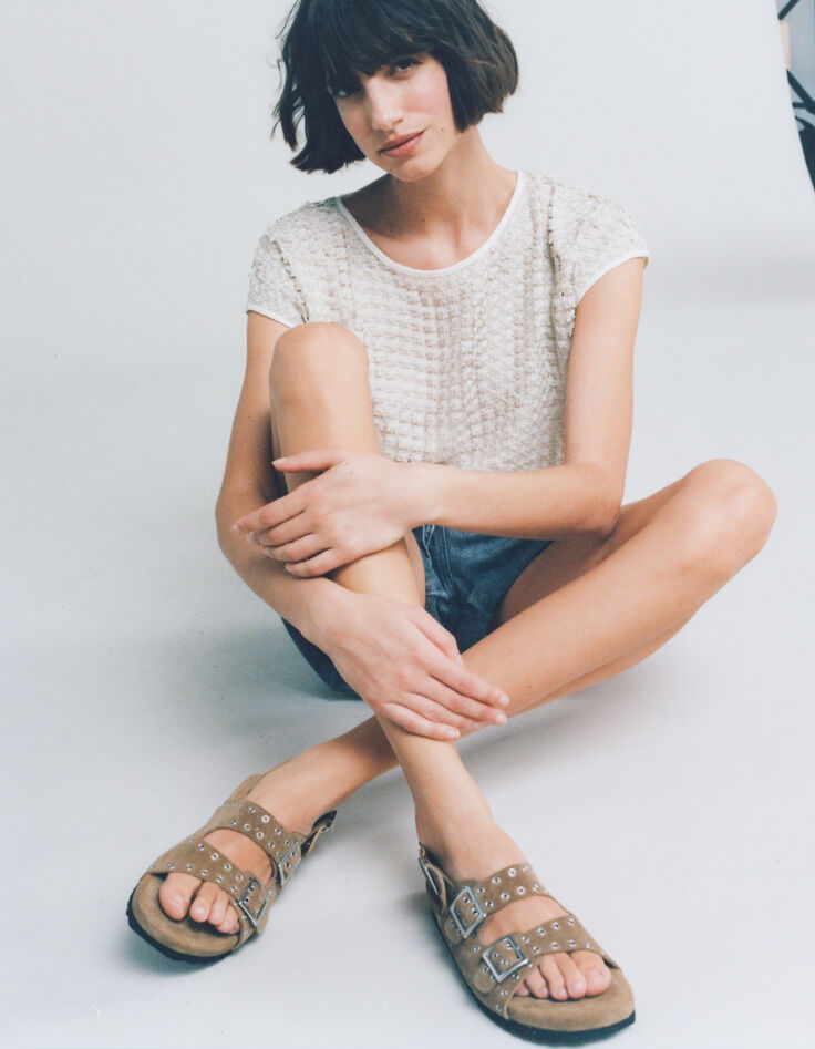 Women's sand suede sandals with eyelet straps-8