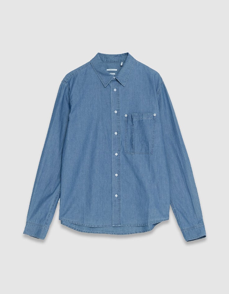 Blaues Chambray-Hemd f&uuml;r Herren mit asymmetrischer Tasche-7