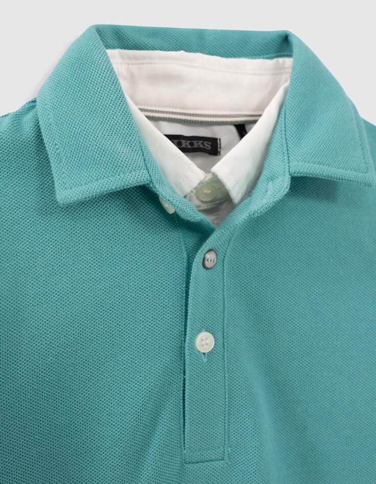 Boys’ turquoise polo shirt with trompe-l'oeil shirt collar-3