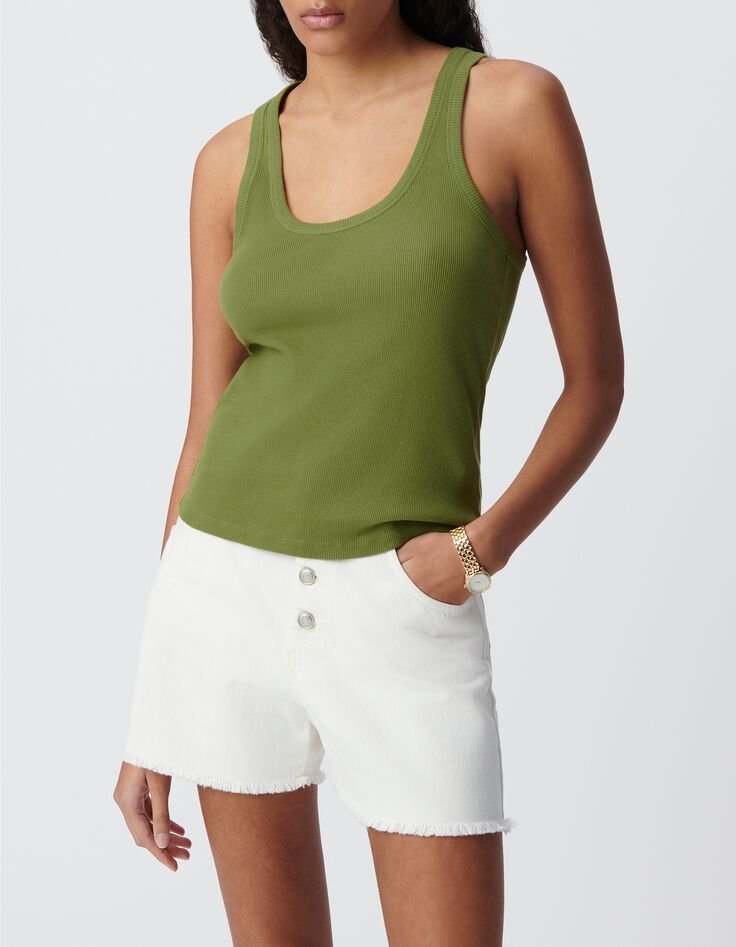 Dames-tanktop in groene ribtricot met visgraatborduursel op de rug-2