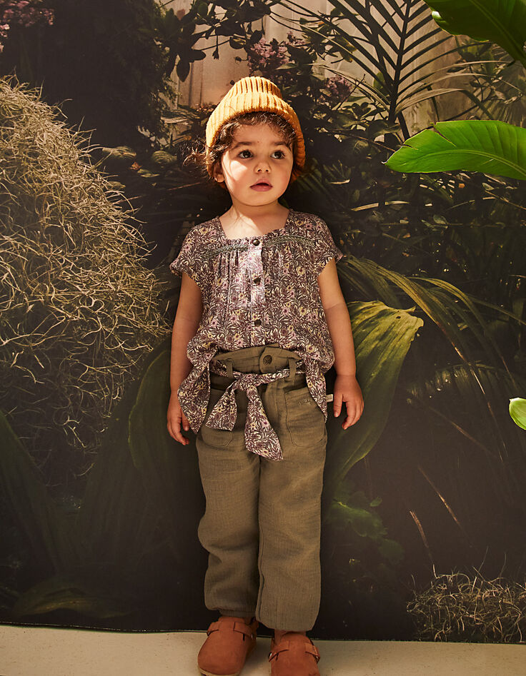 Pantalon kaki à ceinture-foulard végétal bébé fille-2