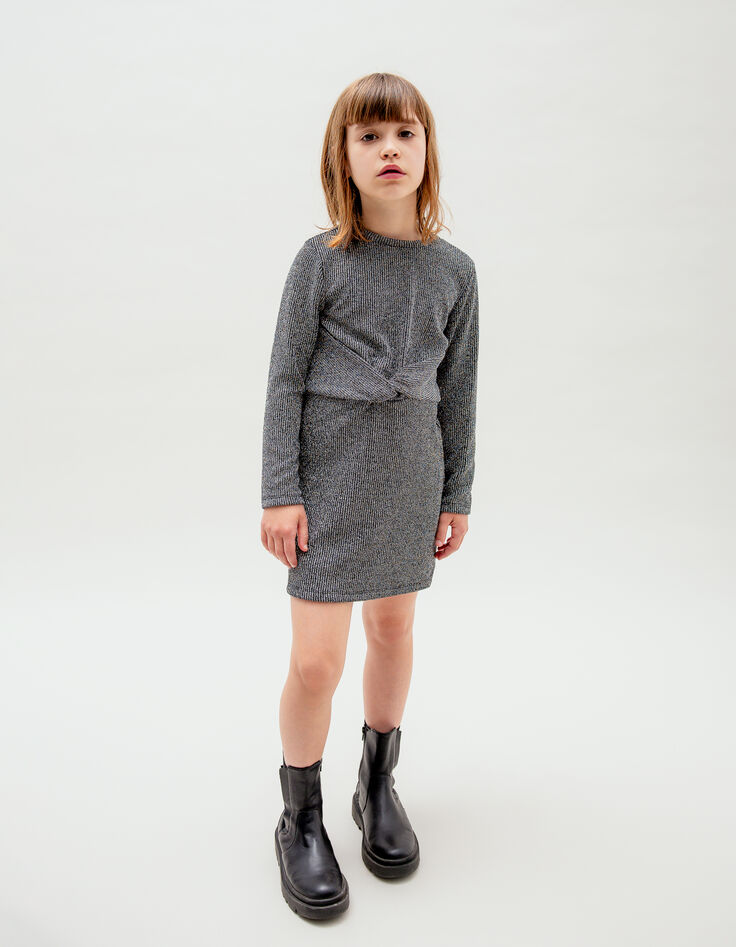 Girls' hort iridescent grey dress with bow detail-1