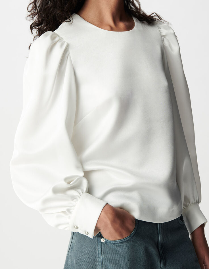 Women's white satin V-neck blouse-5