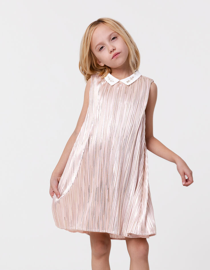 Robe plissée rose rayures dorée col contrasté fille-1